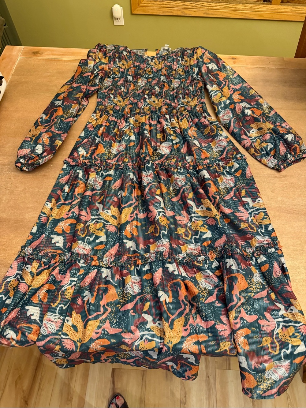 Mud Pie Dark Green Multi Floral Smocked Tiered Midi Dress
